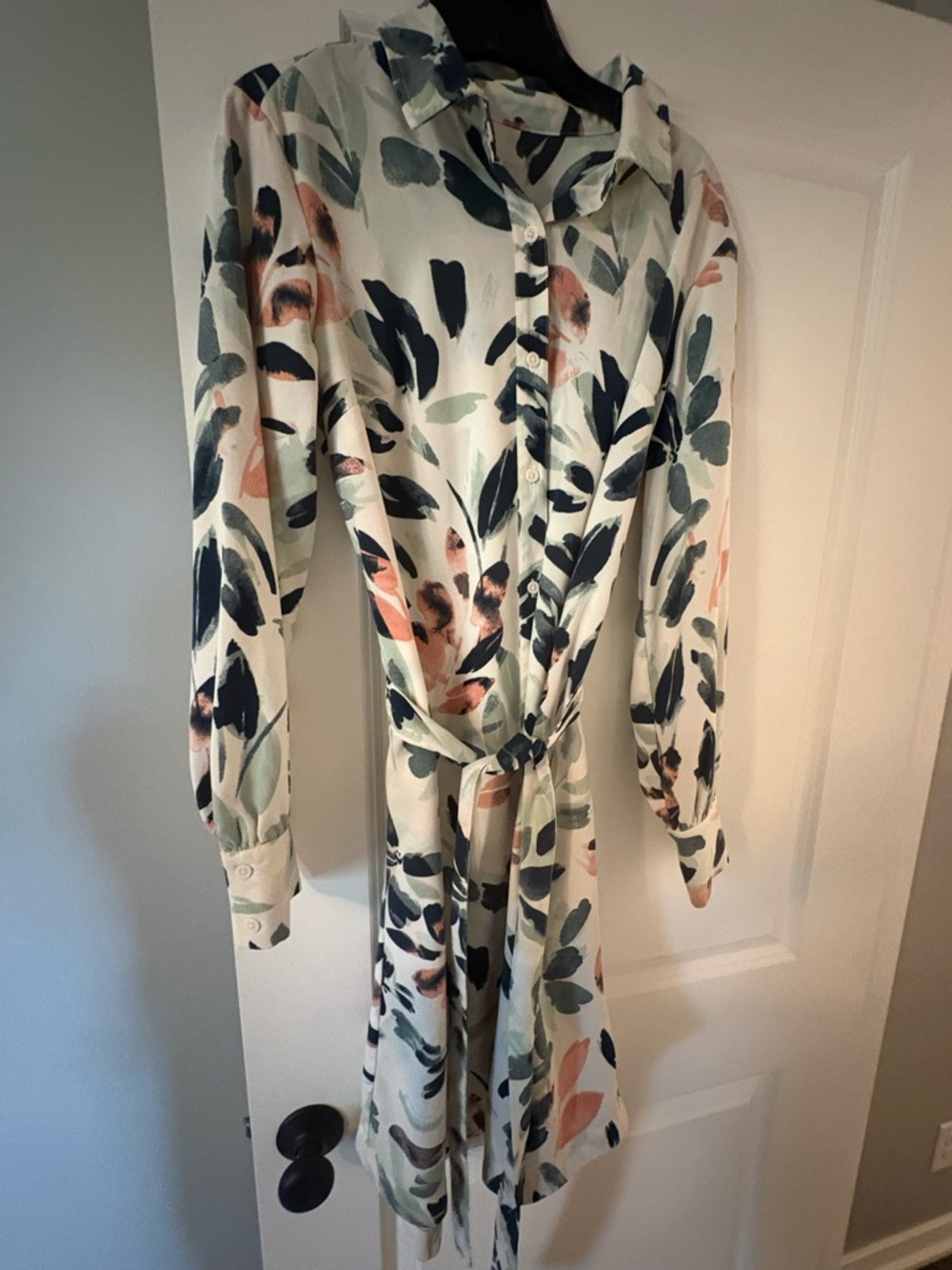 A New Day Cream Floral Maxi Dress with Navy & peach Leaves tie waist M